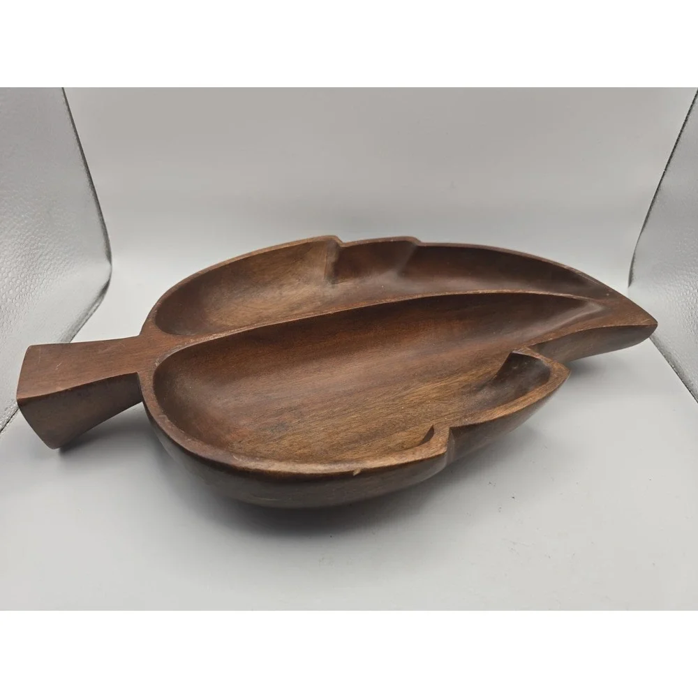 Vintage MCM Monkey Pod Wooden Leaf Shaped Tray Bowl Dish